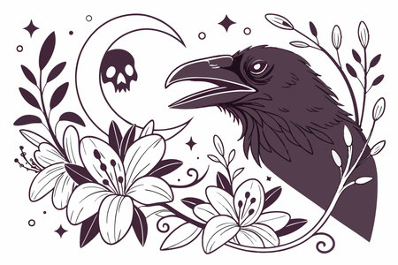 Raven with a skull and a flower in the background. Vector illustration.のイラスト素材