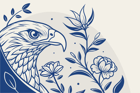 Eagle with floral ornament. Vector illustration in blue and white colors.のイラスト素材