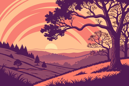 Beautiful landscape with a silhouette of a tree on the hill. Vector illustrationのイラスト素材