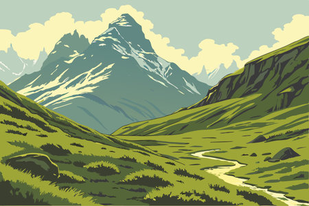 Mountain landscape with a road and green grass. Vector illustration.のイラスト素材