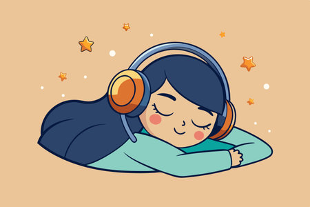 Illustration of a girl listening to music on headphones. Vector illustrationのイラスト素材