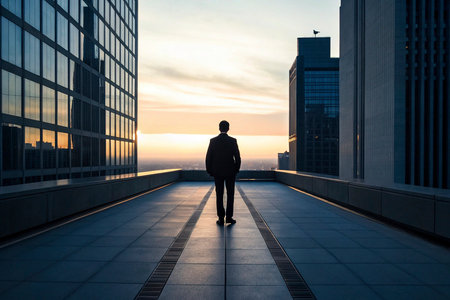 Businessman walking on the roof of a skyscraper at sunset.の素材
