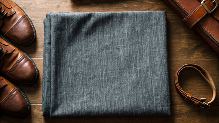 Men's clothing and accessories on a wooden background. Top view.の素材