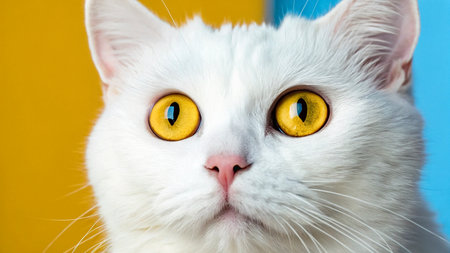 Portrait of a white cat with yellow eyes on a blue backgroundの素材