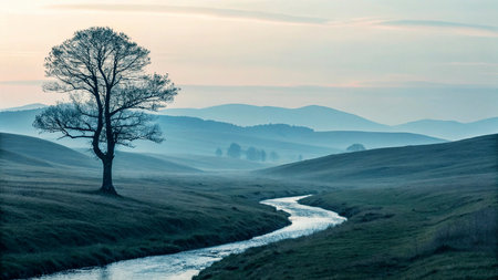 Lonely tree in the meadow in the morning mist.の素材
