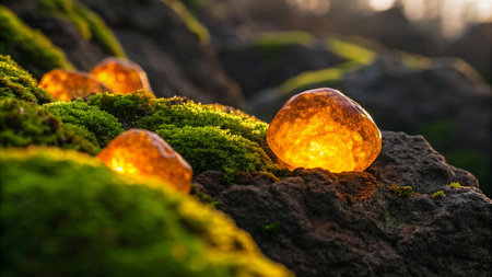 Glowing light bulbs with green moss on a stone in the forestの素材
