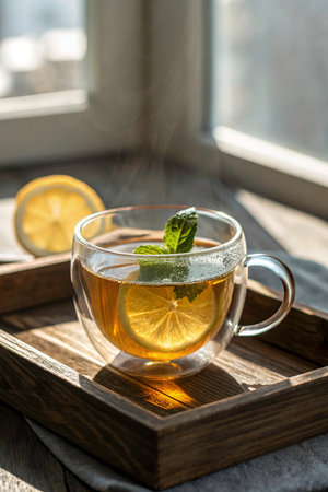 Cup of tea with lemon and mint on a wooden tray.の素材