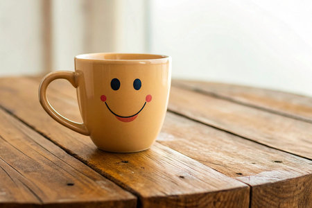 Coffee cup with smiley face on wooden table, stock photoの素材