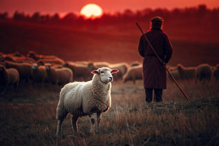 Sheep in the field at sunset with a shepherd in the backgroundの素材