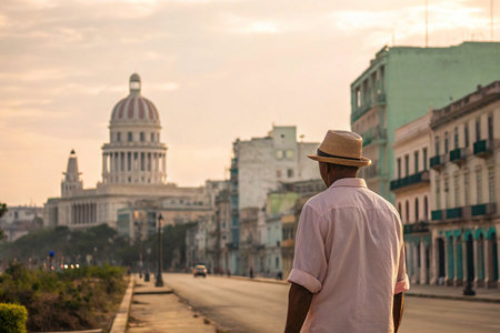 Old man with hat looking at Capitol Hill in Havana, Cuba.の素材