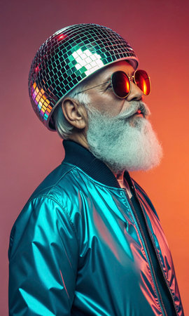 Portrait of a handsome senior man with long white beard wearing stylish clothes and sunglasses. Beauty, fashion. Studio shot.の素材