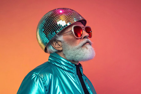 Cool senior man with disco ball on a red background. Portrait of a stylish old man in sunglasses.の素材