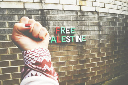 free Palestine Female hand holding a marker and writing free Palestine on brick wall backgroundの素材