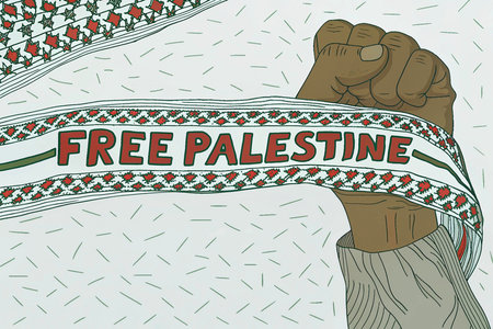 free Palestine. The hand of a man in a knitted sweater holds the ribbon with the inscription free Palestine.の素材