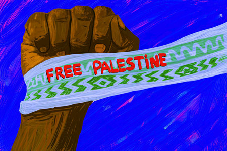 Free Palestine Day. Vector illustration of a hand holding a banner.の素材