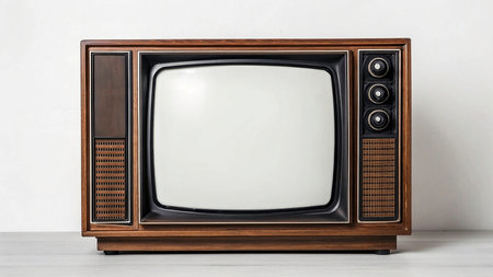 Retro TV on a wooden shelf against a white wall background.の素材