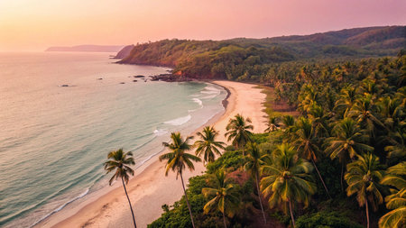 Aerial view of beautiful tropical beach and sea with coconut palm tree at sunset time - Holiday Vacation conceptの素材