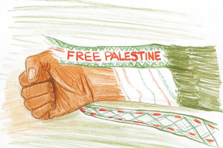 Hand holding a Free Palestine ticket, hand drawing with colored pencilsの素材