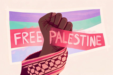 Hand with a raised fist and a poster with the text Free Palestineの素材