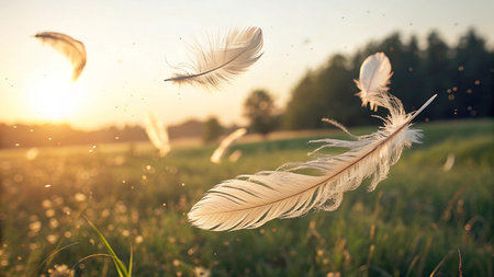 Feathers in the meadow at sunset. Nature background.の素材