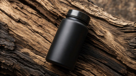Black plastic bottle on old tree bark background. Mock up for designの素材