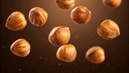 Flying hazelnuts on a brown background. Flying hazelnuts.の素材