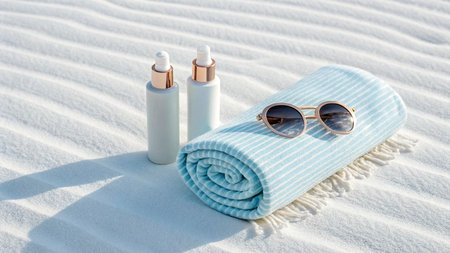 Beach accessories on white sand. Sunglasses, sunblock, cream and towelの素材