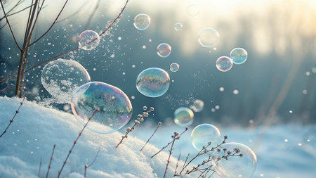 Beautiful soap bubbles floating in the air on a background of a winter landscapeの素材