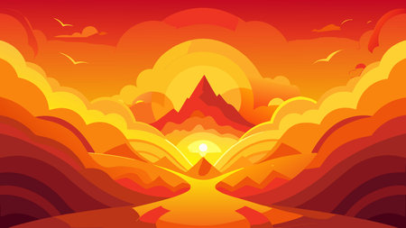 Sunset in the mountains. Vector illustration in a flat style.のイラスト素材