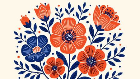Vector floral background with red poppies and blue leaves in retro style.のイラスト素材