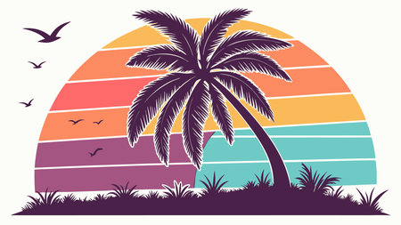 Palm tree on sunset background. Vector illustration in retro style.のイラスト素材