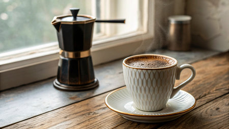 Coffee in a white cup on a wooden table near the windowの素材