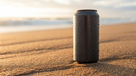 Aluminum soda can on the beach in the morning light with copy spaceの素材