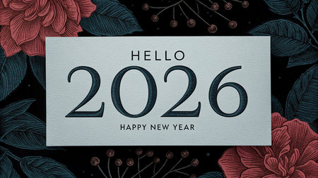 Hand drawn vintage greeting card for Happy New Year 2026. Vector illustration.の素材