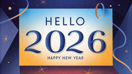 Hello new year 2026 message against blue and orange background with vignetteの素材