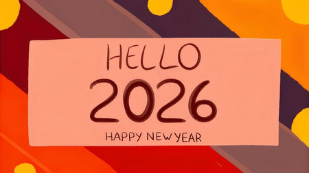 Hello new year 2026 written on a postcard with a colorful backgroundの素材