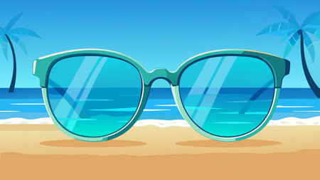 Vector illustration of sun glasses on the beach. Summer background. Flat style.のイラスト素材