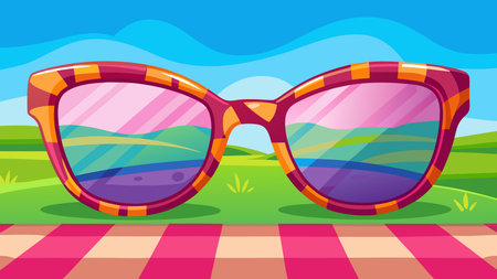 Illustration of a colorful sunglasses on a background of the summer landscapeのイラスト素材