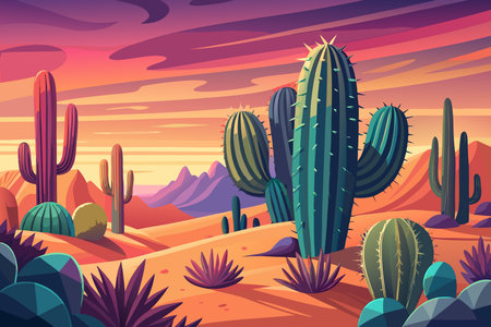 Desert landscape with cacti and mountains at sunset vector illustrationのイラスト素材