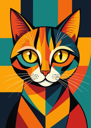 Colorful vector illustration of a cat in a colorful geometric background.のイラスト素材