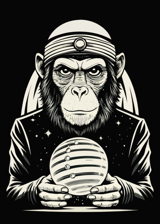 Monkey in a helmet holds a planet in his hands. Vector illustration.のイラスト素材