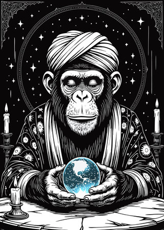 Chimpanzee with the globe in his hands. Vector illustration.のイラスト素材