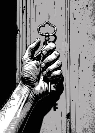 Hand holding a key in front of an old door. Vector illustration.のイラスト素材