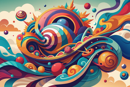 Abstract colorful background with swirls, waves and balls. Vector illustrationのイラスト素材