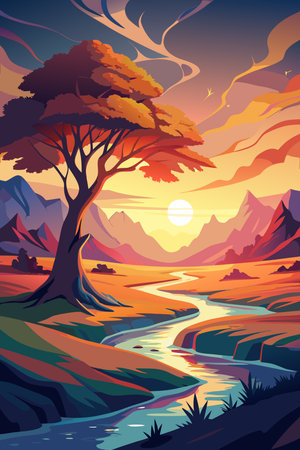 Landscape with river, trees and mountains at sunset, vector illustrationのイラスト素材