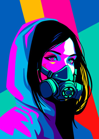 Girl in a gas mask on a colorful background. Vector illustration.のイラスト素材