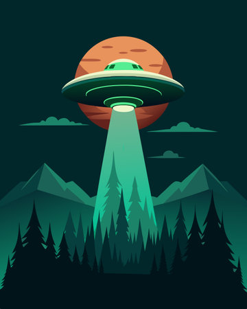 UFO in the forest. Flying saucer. Vector illustration.のイラスト素材