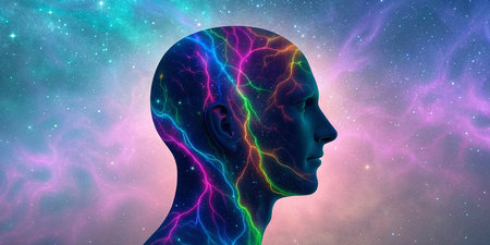 3D Illustration of a human head with lightning in the backgroundの素材