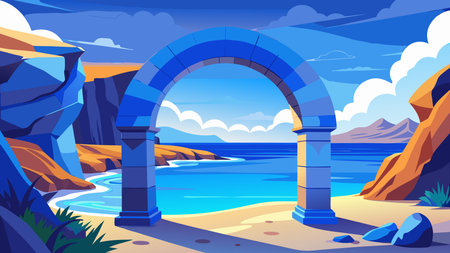 Beautiful landscape with arches on the seashore. Vector cartoon illustrationのイラスト素材