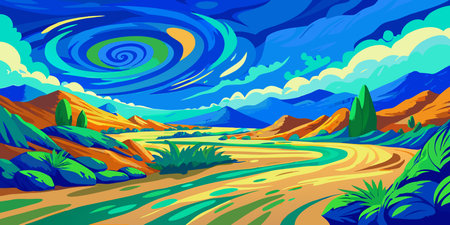 Mountain landscape background. Vector illustration in cartoon style. Landscape with mountains, river, forest and clouds.のイラスト素材